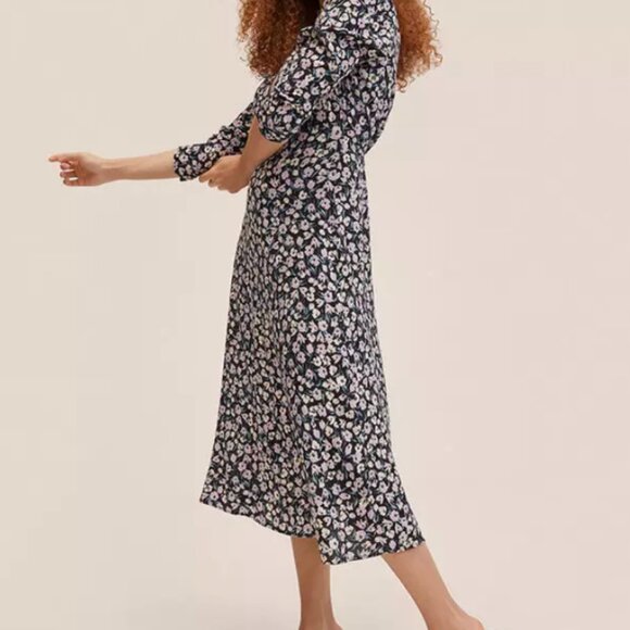 Mango Purple Black Floral Print Long Dress, 3/4 sleeves size L - Picture 4 of 5